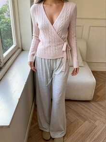 Autumina Pink Cable Knit V-Neck Tie-Front Fashion Simple Versatile Commute Elegant Cardigan For Women - Baby Pink - View 4