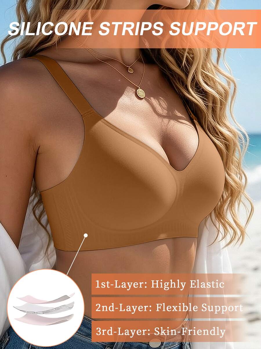 SHEIN 1件女款簡約舒適無縫果凍膠無鋼圈內衣,可拆卸胸墊 - 棕色 - 查看 1