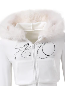 SHEIN Sparklyn 青少年女孩秋季套裝，學院風，字母印花，美式校園氛圍，Citywalk，街頭風，休閒校園運動風，休閒極簡寬鬆舒適連帽拉鍊毛領運動衫，適合秋冬，街頭風，修身版型 - 白色 - 查看 8