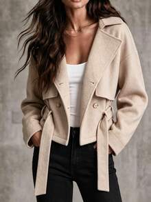 SHEIN Women's Solid Color Drop Shoulder Long Sleeve Casual Versatile Overcoat - Khaki - View 3
