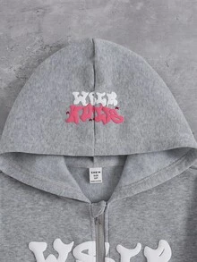 SHEIN ChillGRL 青少年女孩街頭風連帽拉鍊運動衫，保暖內裡連帽運動衫，適合秋冬穿著 - 灰色 - 查看 3
