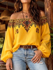Linhara CURVE Women's Plus Size Off-Shoulder Printed Long Sleeve Blouse, Casual Commute Pastoral Top, Autumn/Winter Shirt Fall - Yellow - View 7