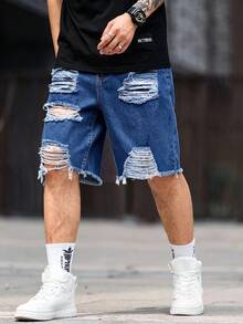 Manfinity LEGND Men's Summer Casual Washed Distressed Denim Shorts - Medium Wash - View 3