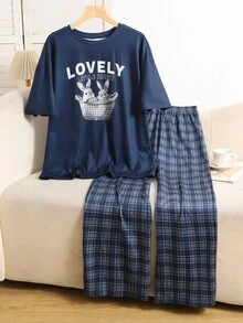SHEIN 青少年女孩/大童女孩深藍色T恤配格紋直筒長褲睡衣套裝，居家休閒服，適合秋冬穿著 - 藏蓝色 - 查看 1