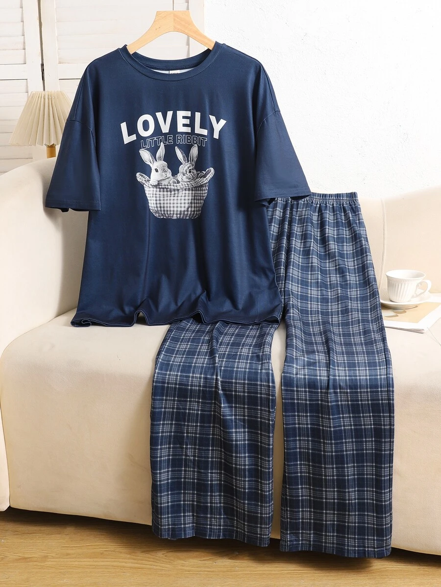 SHEIN 青少年女孩/大童女孩深藍色T恤配格紋直筒長褲睡衣套裝,居家休閒服,適合秋冬穿著 - 藏蓝色 - 查看 1