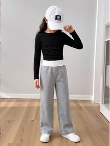 SHEIN Elladie kids 小女孩對比色腰帶麻灰色抓絨內裡寬腿運動褲休閒寬鬆保暖長褲 - 灰色 - 查看 7
