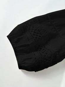 Rusticease Blus Kasual Liburan Ukuran Besar Warna Polos Lengan Lentera - Hitam - View 4