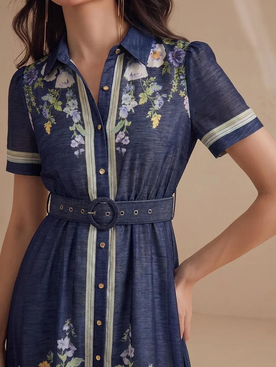 Spring/Summer Navy Blue Premium Position Print Shirt-Style Tie-Front Short Sleeve Long Dress For Women
