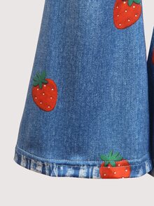 SHEIN Elladie kids 女童 2 件組草莓印花仿牛仔休閒套裝，包含運動衫 + 喇叭褲，兒童春夏秋冬休閒套裝 - 藍色 - 查看 3