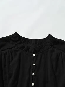 Rusticease Blus Kasual Liburan Ukuran Besar Warna Polos Lengan Lentera - Hitam - View 5