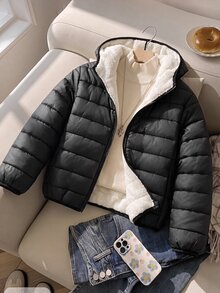 SHEIN 青少年女孩黑色冬季抓絨內裡連帽前開襟拉鍊加厚夾棉外套 - 黑色 - 查看 8