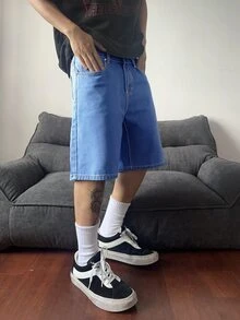 Manfinity Hypemode 男士大尺碼夏季休閒牛仔短褲 - 中等水洗藍 - 查看 5