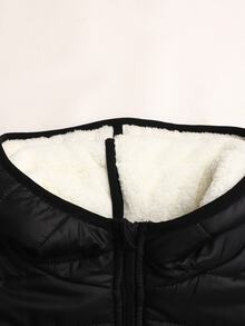 SHEIN 青少年女孩黑色冬季抓絨內裡連帽前開襟拉鍊加厚夾棉外套 - 黑色 - 查看 6