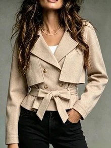 SHEIN Women's Solid Color Drop Shoulder Long Sleeve Casual Versatile Overcoat - Khaki - View 4
