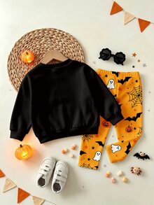 Oo Cute To Spook 嬰兒女童萬聖節套裝，可愛幽靈與南瓜印花衛衣與蜘蛛網圖案內搭褲套裝（2件組），秋季服飾系列 - 彩色 - 查看 2