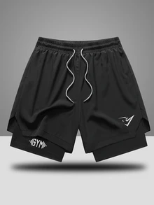 Gym Rark Men's Geometric Print Drawstring Waist Double Layer Sports Shorts, Gym - Black - View 1