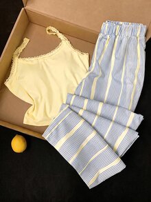 Comfortcana 女款蕾絲拼接性感背心與條紋長褲套裝 - 淡黃色 - 查看 7