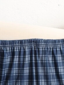 SHEIN 青少年女孩/大童女孩深藍色T恤配格紋直筒長褲睡衣套裝，居家休閒服，適合秋冬穿著 - 藏蓝色 - 查看 5