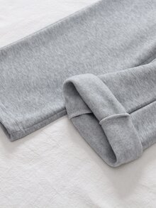 SHEIN Elladie kids 小女孩對比色腰帶麻灰色抓絨內裡寬腿運動褲休閒寬鬆保暖長褲 - 灰色 - 查看 6