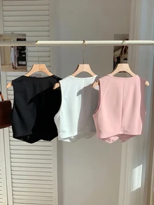 Comfortcana 3件組女款夏季純色V領單排扣背心西裝外套（秋冬款） - 粉色 - 查看 2