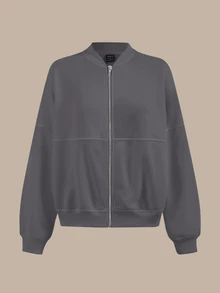SHEIN BASICS 休閒純色針織立領長袖寬鬆女款夾克 秋冬服飾 - 深灰色 - 查看 3