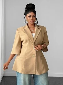 Maweii Plus Size Women's 5-Sleeve Metal Button Blazer - Khaki - View 1