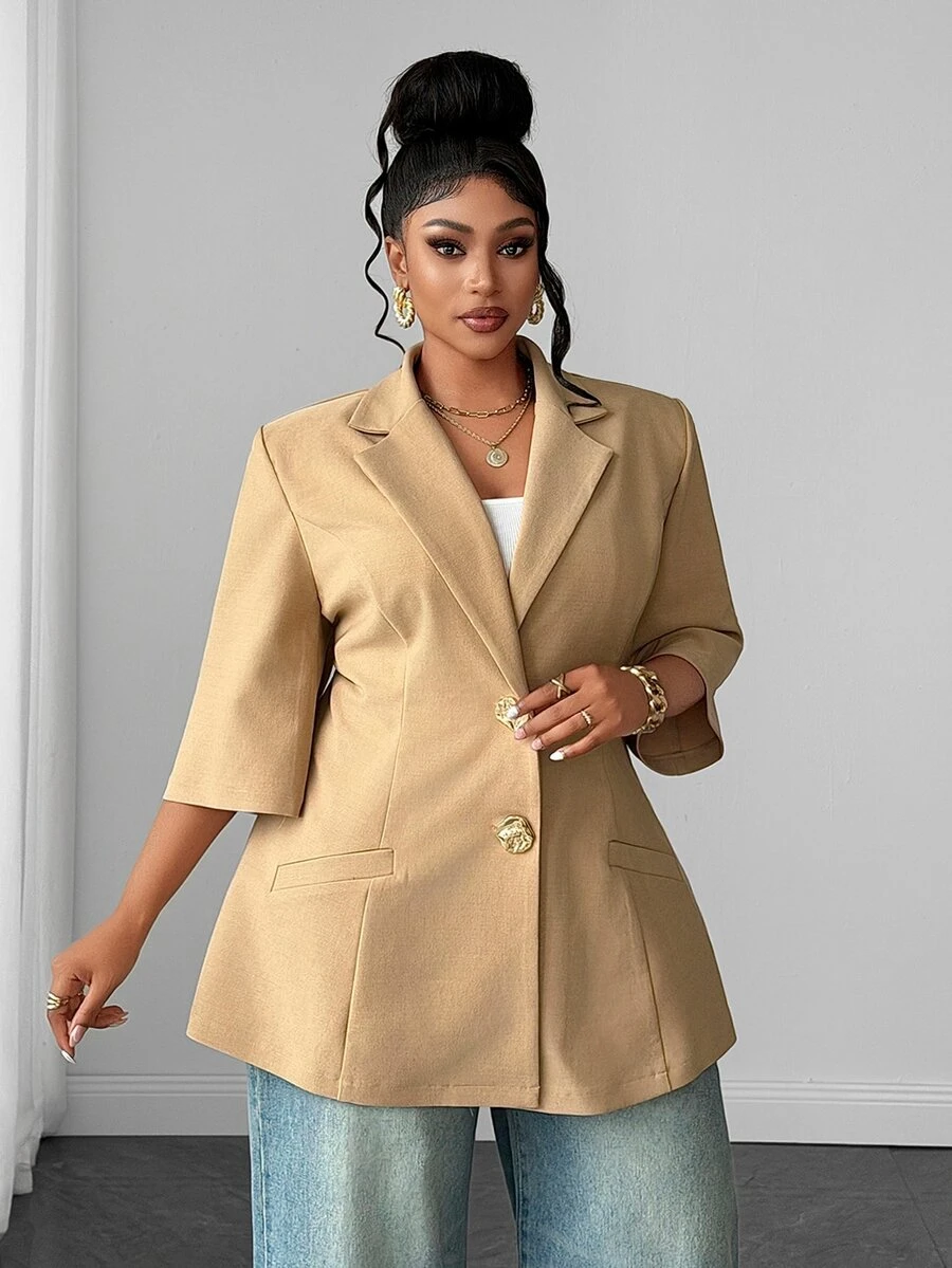 Maweii Plus Size Women's 5-Sleeve Metal Button Blazer - Khaki - View 1