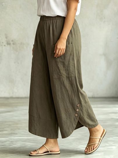 Linhara CURVE Pantalones casuales verde militar de talla grande, pantalones de pierna ancha con cintura elástica y diseño de botones con bolsillos, para vacaciones de verano y ropa de estar en casa para mujeres