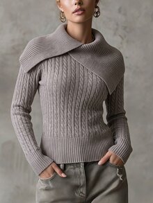 SHEIN Sweater Pullover Rajut Kabel Pas Badan Wanita, Elegan, Canggih, dan Romantis, Cocok untuk Pemakaian Sehari-hari, Kencan, dan Perjalanan. - Volcanic Gray - View 1