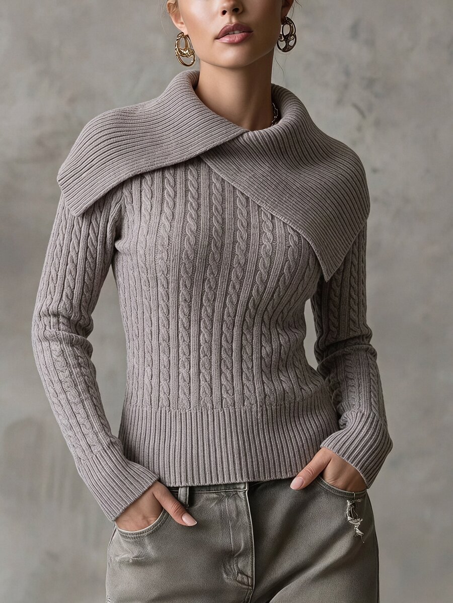 SHEIN Sweater Pullover Rajut Kabel Pas Badan Wanita, Elegan, Canggih, dan Romantis, Cocok untuk Pemakaian Sehari-hari, Kencan, dan Perjalanan. - Volcanic Gray - View 1