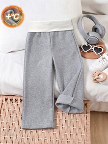 SHEIN Elladie kids 小女孩對比色腰帶麻灰色抓絨內裡寬腿運動褲休閒寬鬆保暖長褲 - 灰色 - 查看 5