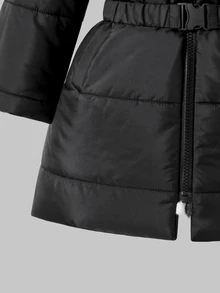 SHEIN 女童粉色雷射漸層愛心加厚加絨中長版連帽收腰夾克外套 - 黑色 - 查看 8