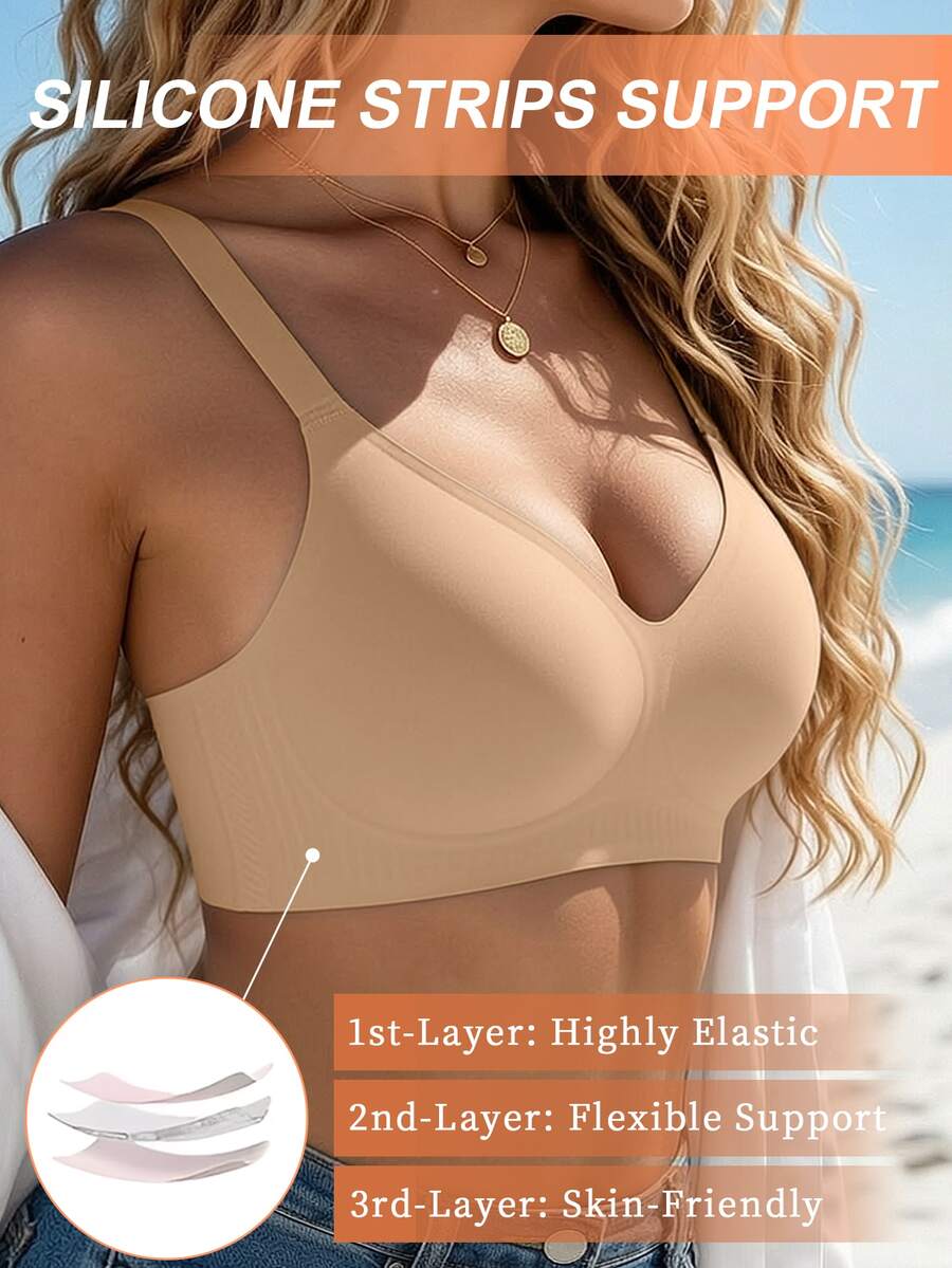 SHEIN 1件女款極簡舒適無縫果凍膠無鋼圈可拆式胸墊內衣 - 杏色 - 查看 1
