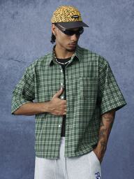 Chemise à manches courtes à carreaux verts vintage pour hommes PAVTROS, Top décontracté ample rétro pour tous les jours