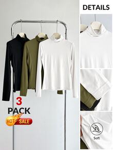 SHEIN BASICS 3件組純色針織小高領直肩長袖修身女款內搭上衣 - 彩色 - 查看 8