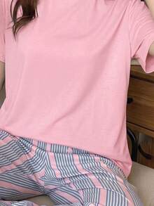 青少年女孩休閒甜美風極簡對比色條紋圓領短袖長褲家居服套裝，適合日常居家穿著，舒適自在，休閒穿搭，時尚女孩風 - 彩色 - 查看 4