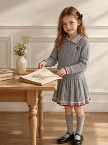 SHEIN Girls' Autumn Preppy Embroidered Turn-Down Collar Cable Knit Sweater & Contrast Trim Pleated Skirt 2 Pieces Set - Light Grey - View 3