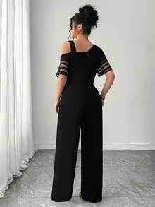 Selianne Women's Elegant One-Shoulder Short Sleeve Fitted Jumpsuit, Commute/Romantic/Vintage - Black - View 2