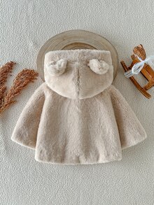Souflis Souflis 1件女嬰可愛時尚復古卡其色長毛絨連帽披肩，蝴蝶結裝飾毛茸茸開襟短披肩外套，適合冬季日常外出、旅行、度假、派對等場合 - 卡其色 - 查看 3