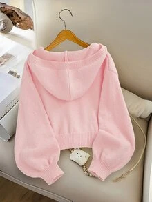 SHEIN 女童時尚休閒清新短版素色秋冬連帽針織開襟毛衣 - 粉色 - 查看 2