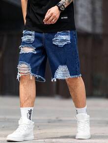 Manfinity LEGND Men's Pocket Distressed Button Versatile Denim Shorts - Dark Wash - View 3