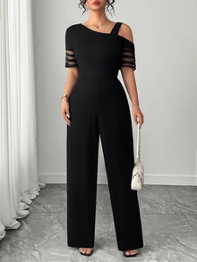 Selianne Women's Elegant One-Shoulder Short Sleeve Fitted Jumpsuit, Commute/Romantic/Vintage - Black - View 6