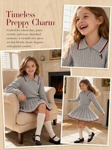 SHEIN Girls' Autumn Preppy Embroidered Turn-Down Collar Cable Knit Sweater & Contrast Trim Pleated Skirt 2 Pieces Set - Light Grey - View 7