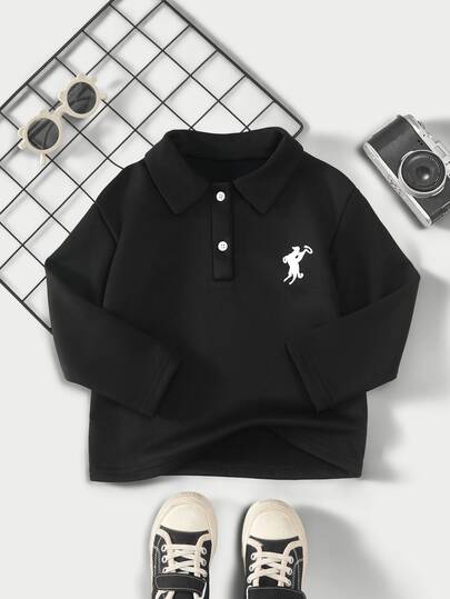 Boys Casual Preppy Style Turn-Down Collar Long Sleeve T-Shirt Single Top Basic Item Autumn/Winter