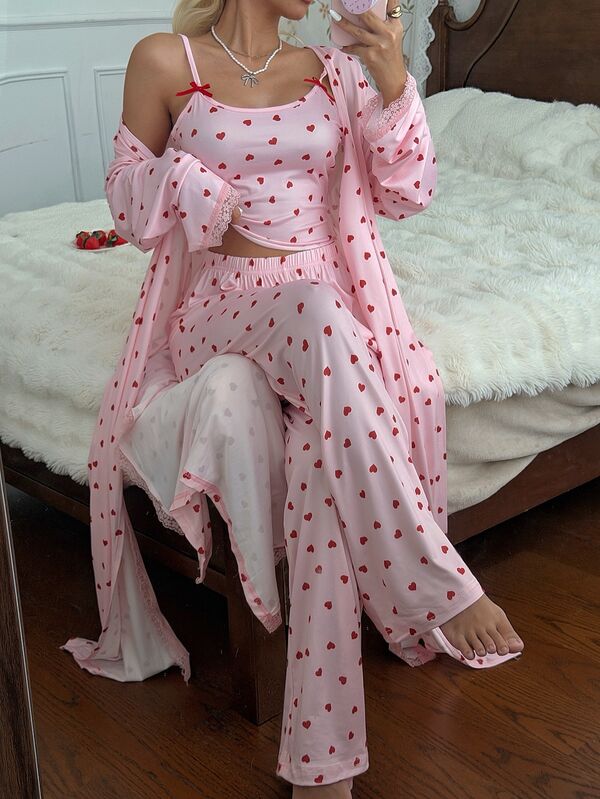 CottageSlumber 3pcs Romantic Women's Pajama Set With Pink Heart Milk Silk Camisole, Bow Long Pants And Contrast Lace Cardigan