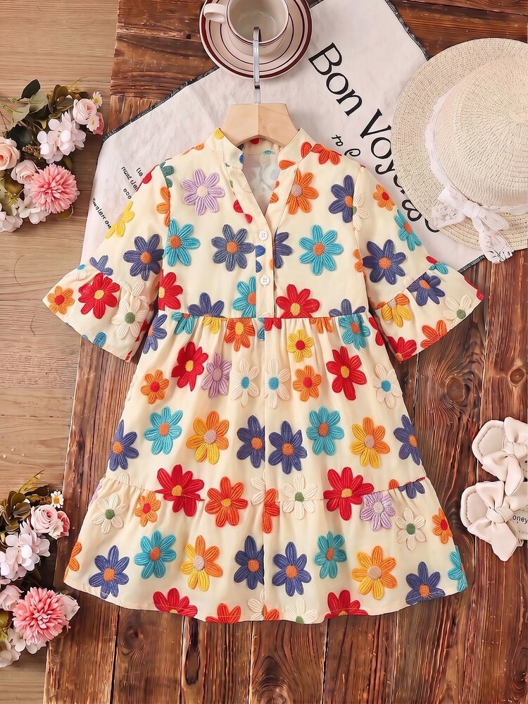 Emery Rose Kids Emery Rose Kids Young Girl Woven Stand Kids Collar Floral Casual Dress - Multicolor - View 4