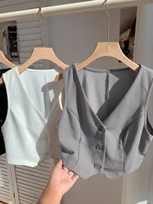Comfortcana 3件組女款夏季純色V領單排扣背心（西裝外套）秋冬款 - 彩色 - 查看 4