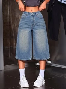 SHEIN ICON 女款時尚鈕扣口袋寬鬆牛仔七分褲 - 藍色 - 查看 3
