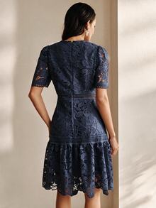 Anewsta New Party Summer Vacation Outfit Round Neck Short Sleeve Hollow Patchwork A-Line Skirt Exquisite Water-Soluble Lace Holiday Gathering Afternoon Tea Elegant Women's Dress - Navy Blue - View 2