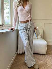 Autumina Pink Cable Knit V-Neck Tie-Front Fashion Simple Versatile Commute Elegant Cardigan For Women - Baby Pink - View 5